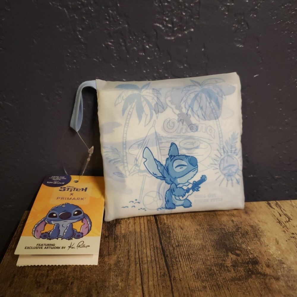 PRIMARK Stitch Ohana Folding Shopping Tote Bag White/Blue Foldaway Lilo Disney